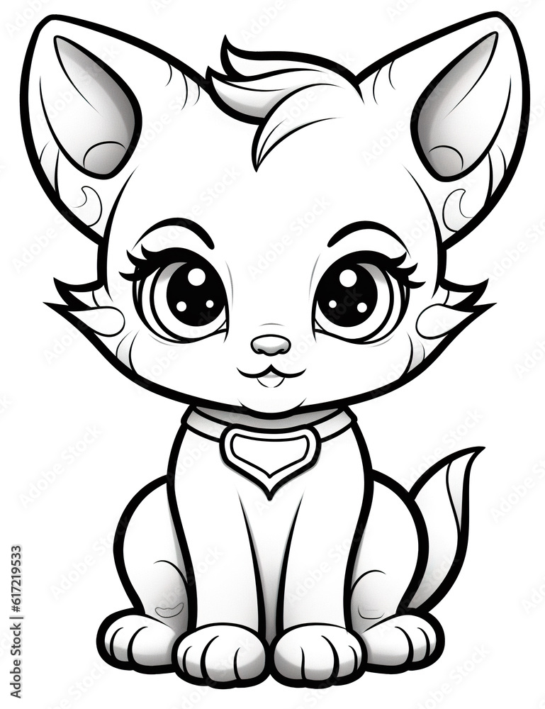 A cartoon cat with big eyes and a collar. Generative AI. Coloring book for kids. A cartoon cat with big eyes and a collar. Generative AI. Coloring book for kids.