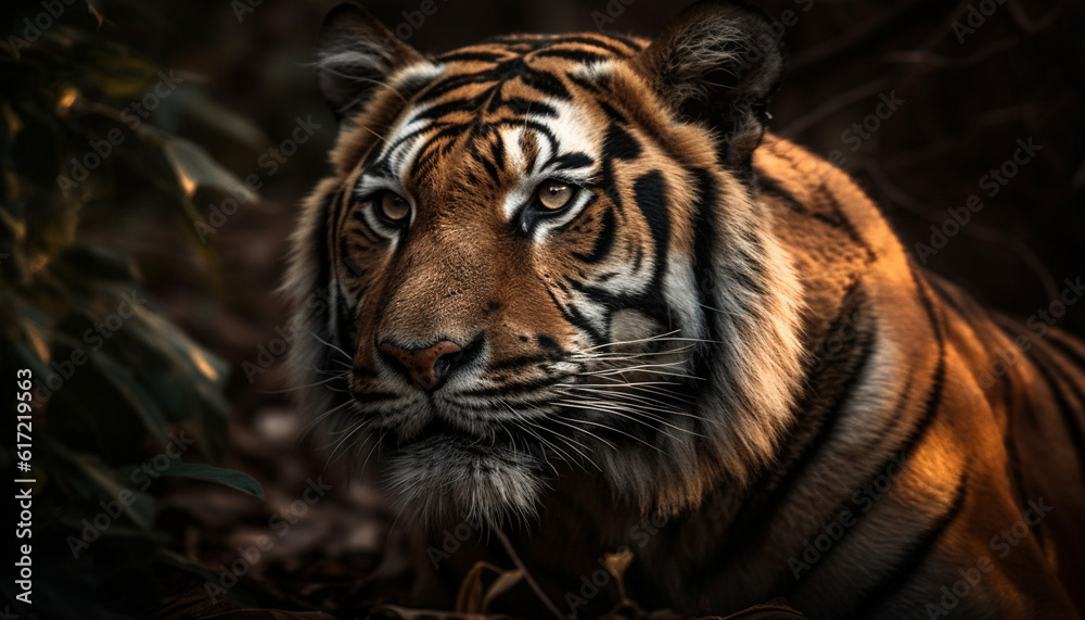 Endangered big cat staring, close up portrait of majestic tiger generated by AI Endangered big cat staring, close up portrait of majestic tiger generated by AI