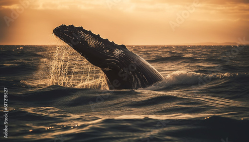 Humpback whale swimming in tranquil seascape at dusk generated by AI © djvstock