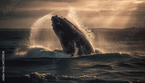 The majestic humpback whale breaches in the blue sea spray generated by AI © djvstock