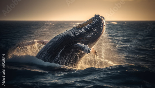 Humpback whale splashing in blue sea, beauty in nature motion generated by AI © djvstock