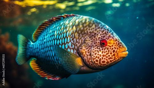 Vibrant underwater seascape showcases multi colored tropical fish in motion generated by AI