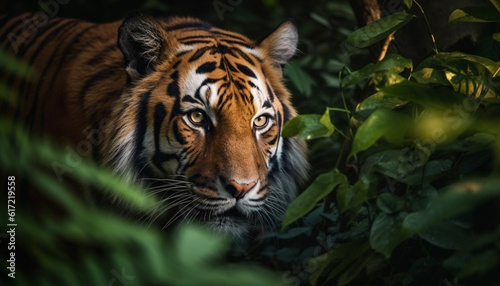 Bengal tiger staring, close up portrait of majestic big cat generated by AI © djvstock