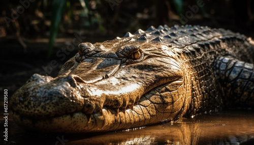 Large caiman resting in wet pond  teeth and mouth visible generated by AI
