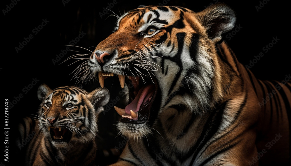 Majestic Bengal tiger staring with fury, teeth bared, in close up generated by AI Majestic Bengal tiger staring with fury, teeth bared, in close up generated by AI