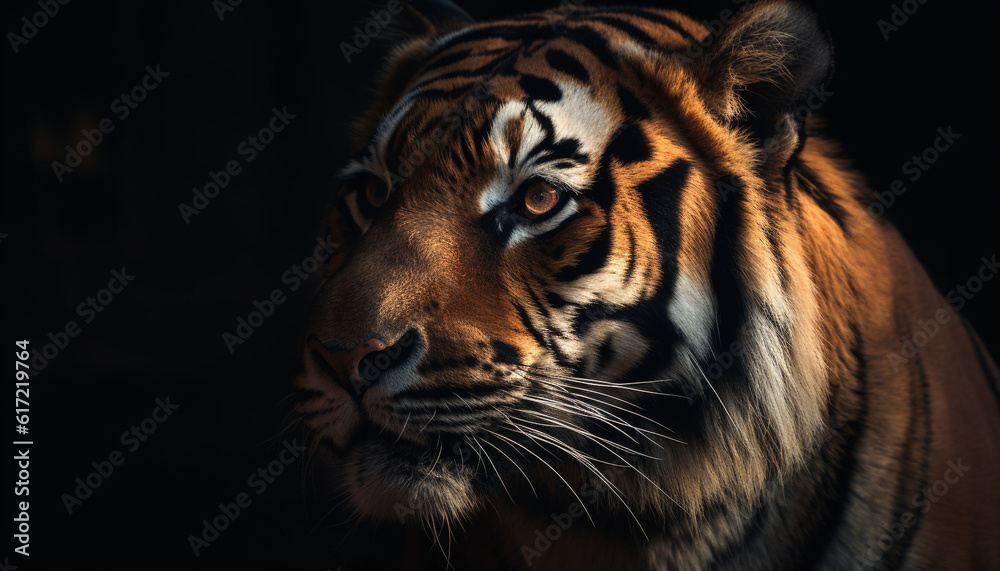 Majestic tiger staring with selective focus on its striped fur generated by AI Majestic tiger staring with selective focus on its striped fur generated by AI