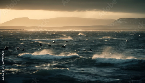 Wild animals surf waves at dusk  horizon over water adventure generated by AI