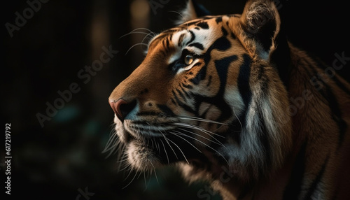 Majestic Bengal tiger staring at camera in wildlife reserve portrait generated by AI