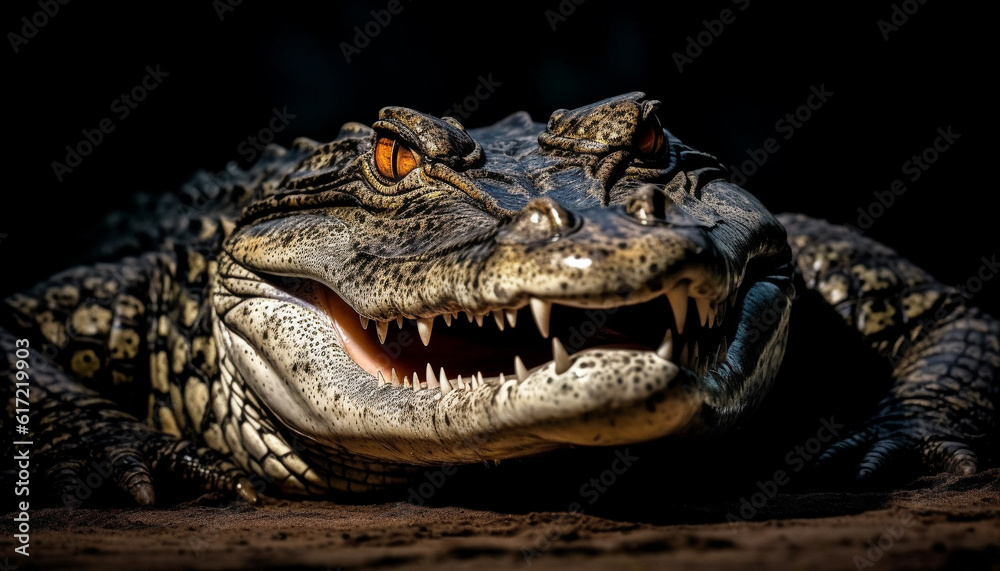 Obraz premium Furious crocodile with open mouth threatens in dark swamp generated by AI