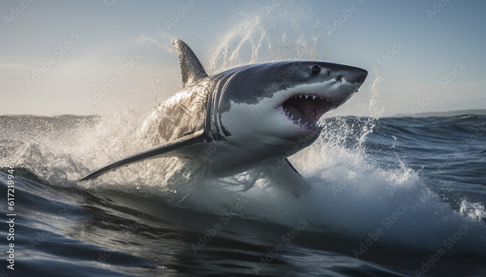 Fototapeta premium Majestic humpback breaches, teeth bared, in awe inspiring African waters generated by AI