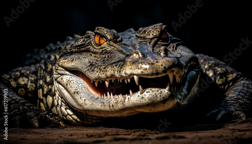 Furious crocodile with open mouth threatens in dark swamp generated by AI