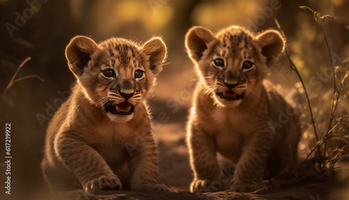 Playful lion cub hiding in grass, looking at camera cutely generated by AI © djvstock