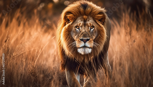 Majestic male lion walking in the savannah at sunset generated by AI