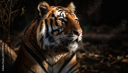 Bengal tiger staring fiercely, showcasing beauty in nature wildcat majesty generated by AI