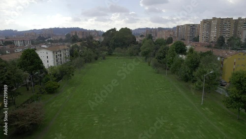 Drone footage flying panorama of the green area Bogota city