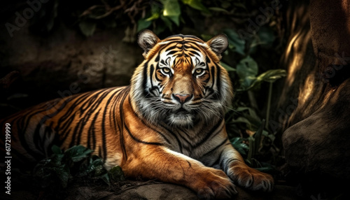 Majestic Bengal tiger staring with aggression  beauty in nature portrait generated by AI