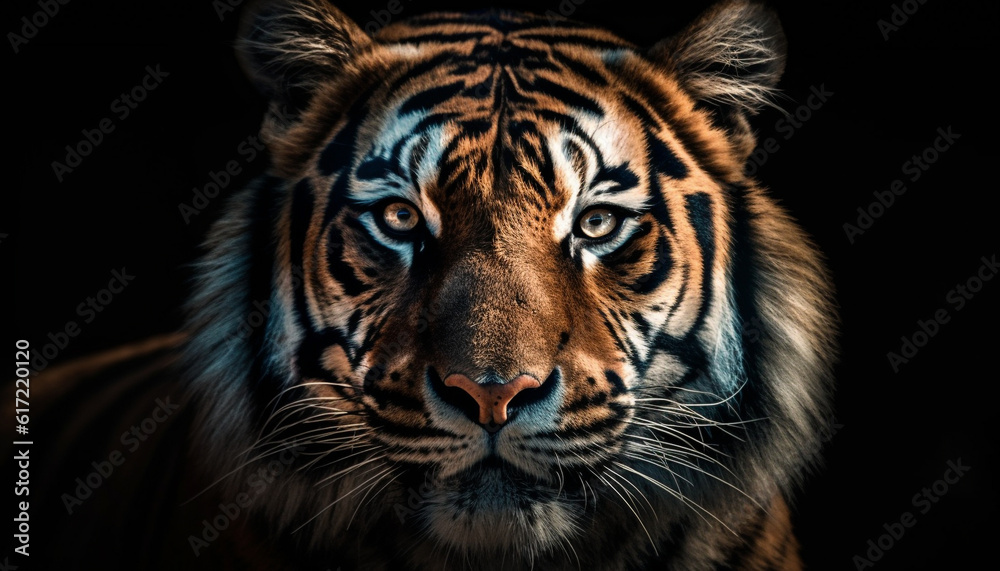 Majestic Bengal tiger staring at camera in tropical rainforest generated by AI Majestic Bengal tiger staring at camera in tropical rainforest generated by AI