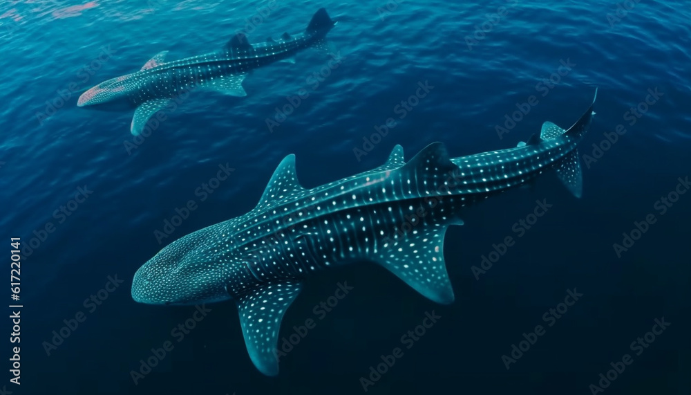 Fototapeta premium Majestic turtle swimming in deep blue sea, surrounded by marine life generated by AI