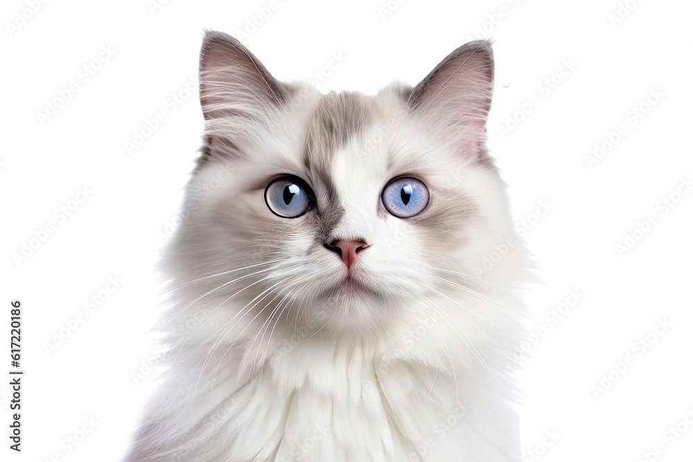 Cute fluffy portrait kitty Cat Ragdoll looking at camera isolated on clear png background, funny moment, pet concept, with Generative Ai.