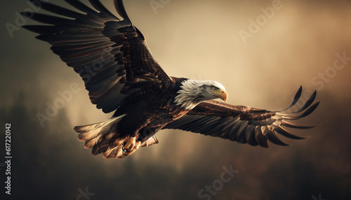 Majestic bald eagle spreads wings in mid air, symbolizing American culture generated by AI