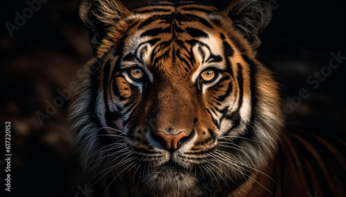 Majestic tiger staring with aggression, beauty in nature wildcat portrait generated by AI