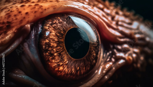 Animal eye staring, extreme close up, multi colored beauty in nature generated by AI