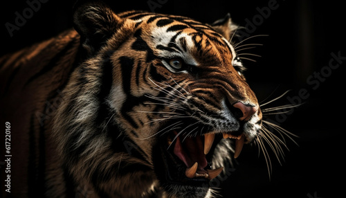 Majestic striped big cat staring fiercely, teeth bared in aggression generated by AI