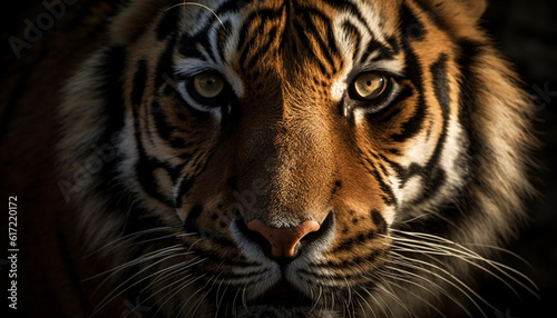 Bengal tiger staring with aggression, majestic beauty in nature generated by AI © djvstock
