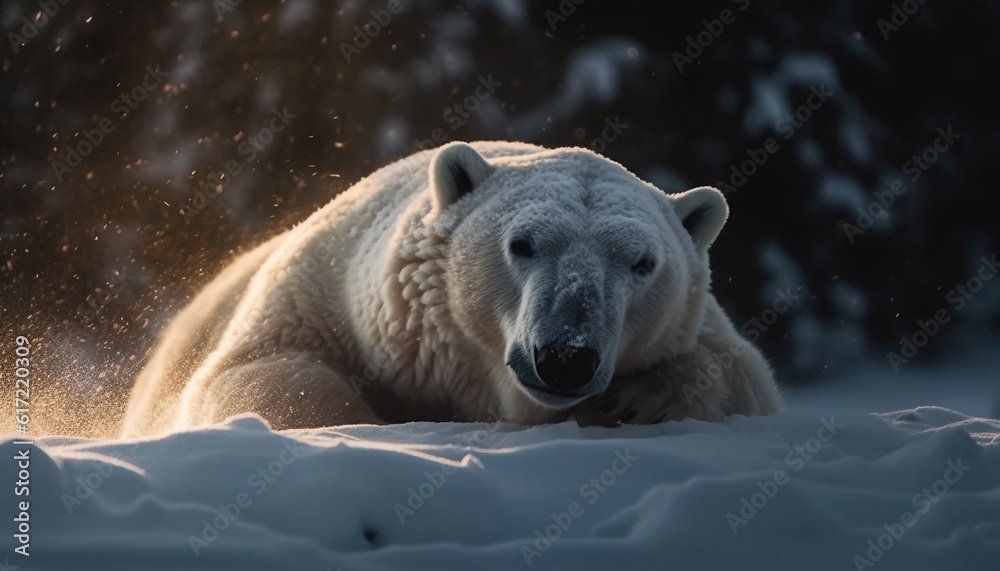 Fototapeta premium Cute endangered mammal braves cold arctic winter, looking at camera generated by AI