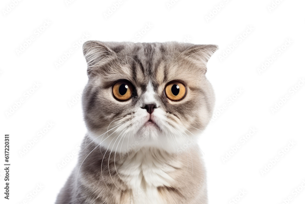 Cute fluffy portrait kitty Cat Scottish fold looking at camera isolated on clear png background, funny moment, pet concept, with Generative Ai.