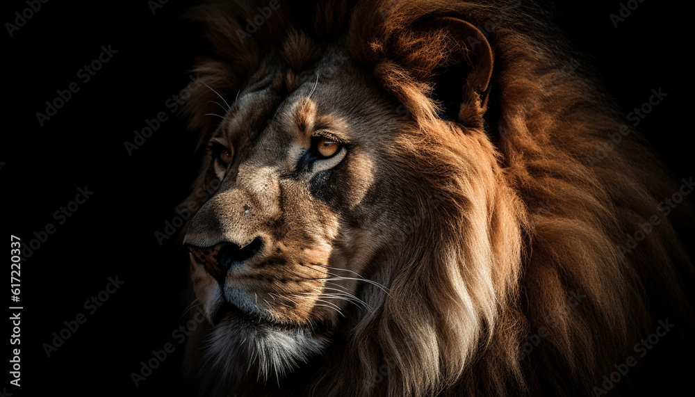 Majestic lion staring, fur and whiskers, strength in nature beauty generated by AI