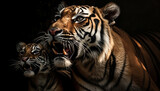 Majestic Bengal tiger staring fiercely with sharp teeth in focus generated by AI