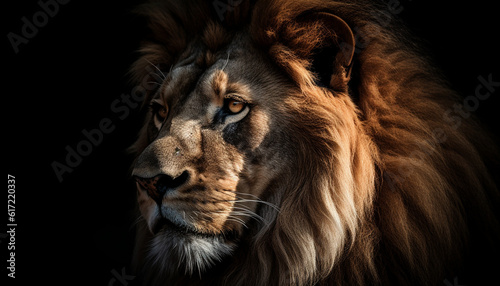 Majestic lion staring  fur and whiskers  strength in nature beauty generated by AI