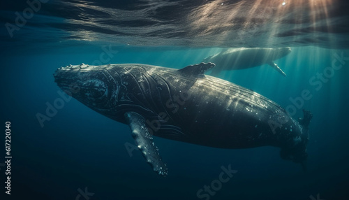 Deep below  giant humpback whale swims majestic in tropical seascape generated by AI