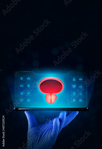 The doctor's hand holds a tablet showing a bladder and prostate, HTA. Prostate cancer, bladder cancer, men's health care. portrait with black background