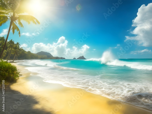 Paradise beach waves and radiant sun in the sky generative ai