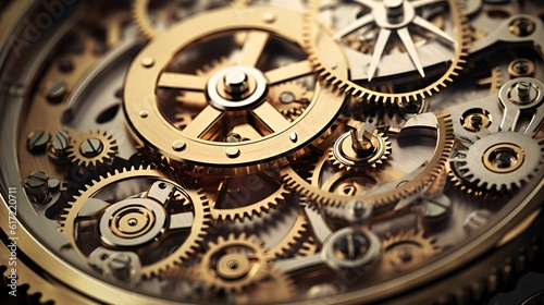 Gears and cogs in clockwork watch mechanism closeup photo