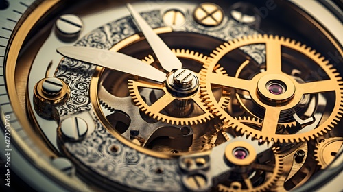 Gears and cogs in clockwork watch mechanism closeup