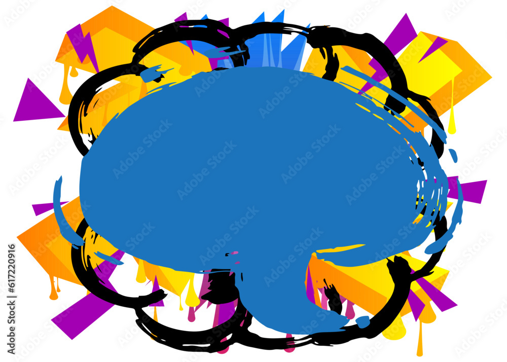 Blue Graffiti speech bubble on colorful background. Abstract modern street art decoration backdrop performed in urban painting style.