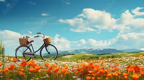 Bicycle on a flowering meadow against a blue sky with clouds on a bright spring summer sunny day