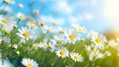 Blooming daisies under a blue sky on a sunny day, spring background