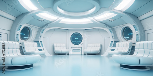A futuristic light space station room with two couches and a round window. Generative AI.