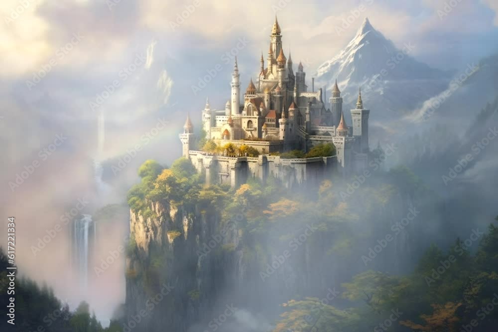 Artistic illustration of fantasy castle over mountain and waterfall, beautiful landscape Artistic illustration of fantasy castle over mountain and waterfall, beautiful landscape