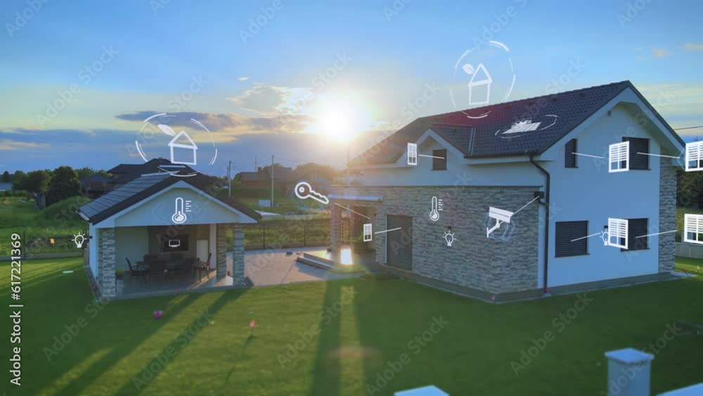 Smart home network in front of smart, modern house with various icons of control. Photovoltaic, heating, camera system, automatic shutters