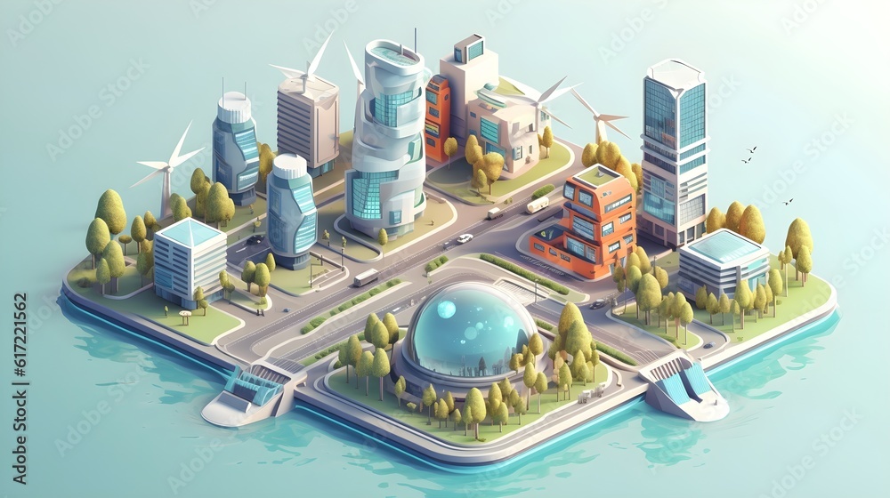 Urban Oasis: A Futuristic 3D Vector Illustration of Eco-Friendly Cityscape