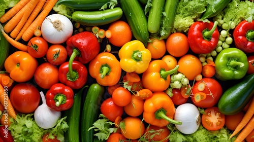 Assortment of vibrant and colorful vegetables  carrots  cucumbers  tomatoes  bell peppers  onions  healthy veggies