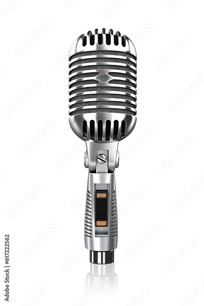 Fototapeta premium A silver microphone on a white background. Generative AI.