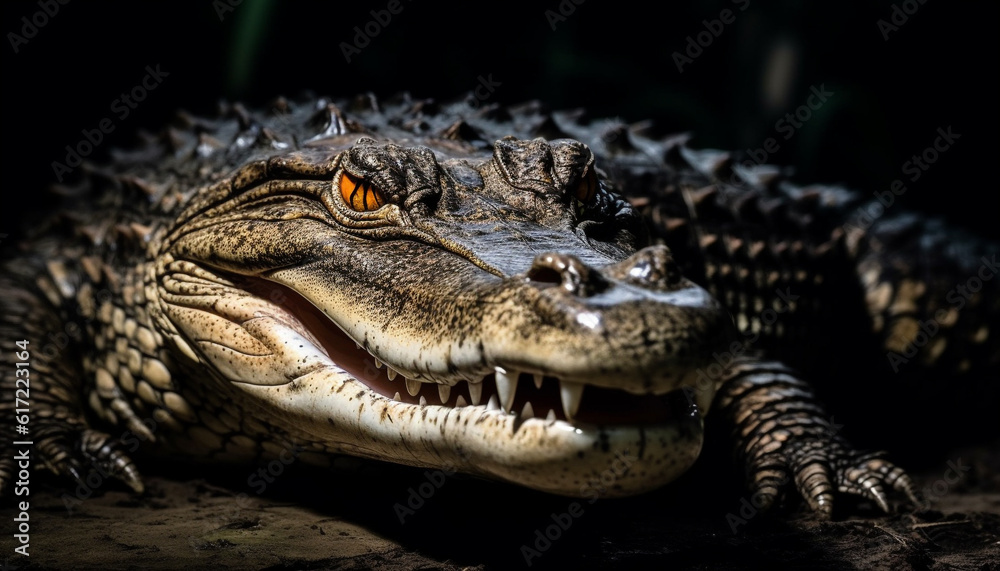 Fototapeta premium Furious crocodile threatens with open mouth in swamp generated by AI