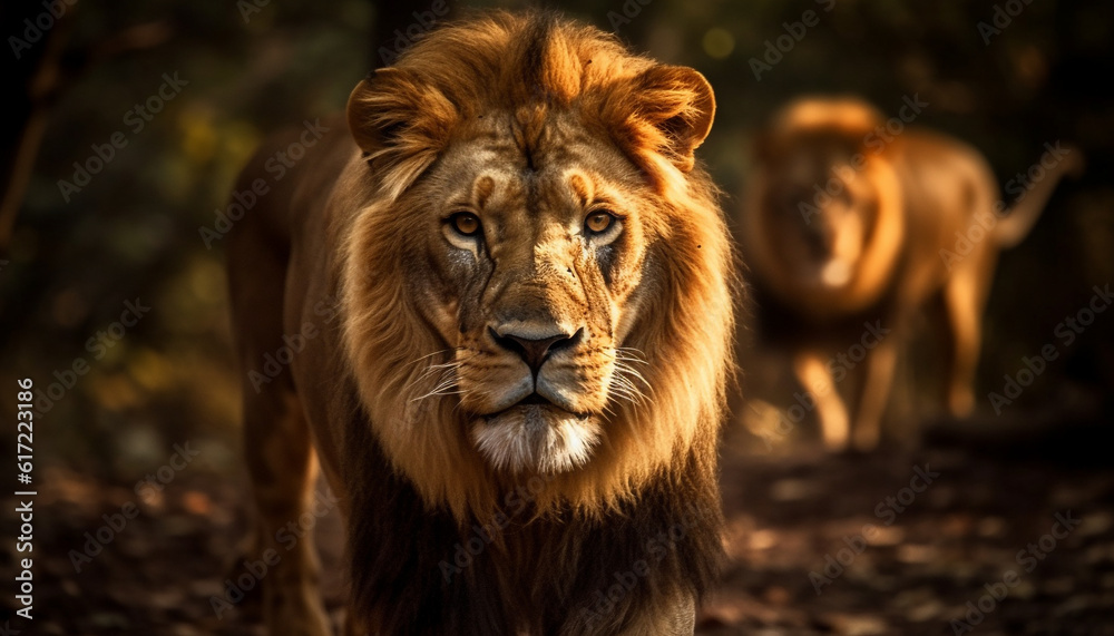 Majestic male lion walking in the African wilderness, staring ahead generated by AI Majestic male lion walking in the African wilderness, staring ahead generated by AI