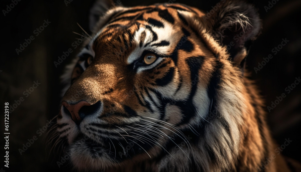 Bengal tiger staring fiercely, its striped fur a pattern of aggression generated by AI